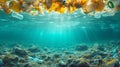 Underwater view of ocean pollution with plastic debris