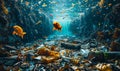 Underwater view of ocean pollution with plastic waste and discarded trash affecting marine life, highlighting the Royalty Free Stock Photo