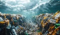 Underwater view of ocean pollution with plastic waste and discarded trash affecting marine life, highlighting the Royalty Free Stock Photo