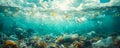 Underwater view of ocean pollution with plastic waste and discarded trash affecting marine life, highlighting the Royalty Free Stock Photo