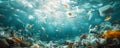 Underwater view of ocean pollution with plastic waste and discarded trash affecting marine life, highlighting the Royalty Free Stock Photo