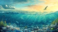 Underwater view of pollution in the ocean and seagulls flying above Royalty Free Stock Photo