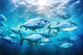 Underwater view of a school of yellowfin trevally fish. A large school of Trevally in a deep blue tropical ocean, AI Generated Royalty Free Stock Photo