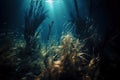 underwater view of seaweed and seaweed in the ocean with sunlight coming through the water and a light shining on the bottom of Royalty Free Stock Photo