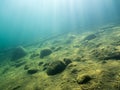 Underwater view of sloping lake bottom with sunrays