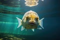 underwater view of a sunfish in a clear, blue lake