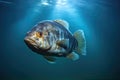 underwater view of a sunfish in a clear, blue lake