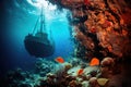 Underwater view of a sunken pirate ship on a coral reef, Beautiful underwater world with an old shipwreck, coral, and fish, AI