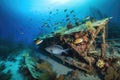 underwater view of sunken ship with coral and fish swimming among the wreckage