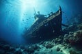 Underwater view of the sunken ship in the Red Sea, Wreck of a ship in the blue sea, with scuba diving equipment, AI Generated