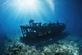 Underwater view of a sunken shipwreck on a tropical coral reef, Wreck of a ship in the blue sea, with scuba diving equipment, AI Royalty Free Stock Photo