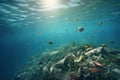 Underwater view of a tropical coral reef with fish and garbage, Underwater view of a pile of garbage in the ocean. 3d rendering,