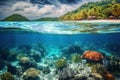 Underwater view of tropical coral reef and sandy beach at Seychelles, Generative AI Royalty Free Stock Photo