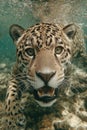 Underwater view of wild jaguar swimming in clear water with focused expression, leopard is active in water Royalty Free Stock Photo