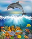 Underwater wallpaper with Dolphin and Tropical fish, vector Royalty Free Stock Photo