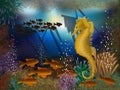 Underwater wallpaper with seahorse and shipwrecks