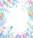 Underwater Watercolor Background. Seaweeds, fish. starfish corals, rainbow, shells sea elements. Cartoon kids