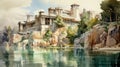 Underwater Waterfall And Grand Building: A Detailed Architectural Painting