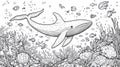 Whale and Fish in Coral Reef - Hand Drawn Black and White Ocean Scene Royalty Free Stock Photo
