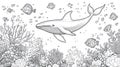 Whale and Fishes in a Coral Reef - Black and White Line Art Royalty Free Stock Photo