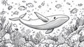 Whale and Fish Line Art Underwater Coral Reef Scene Royalty Free Stock Photo