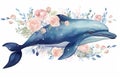 Whale sea water ocean mammal illustration blue nature watercolor animal Royalty Free Stock Photo