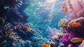 An underwater wildlife protector glides through a stunning coral reef surrounded by a colorful array of fish and other Royalty Free Stock Photo