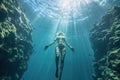 Underwater woman in the ocean. Underwater world. 3d rendering, Female apnea bikini swims in the crystal se, AI Generated