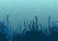 Underwater world background, sea bottom silhouette with algae and coral reef, seabed hand drawn, seascape horizontal seamless Royalty Free Stock Photo