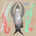 Underwater world, a big shark swallowed flock of small fish. Flat style, hand drawn, Scandinavian style,fashionable color palette