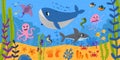 Underwater world. Cartoon fish, whale and shark swimming in sea. Ocean flora and fauna, plants, sandy bottom with crabs Royalty Free Stock Photo
