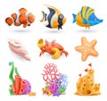 Underwater world cartoon icon set. Tropical fish, corals, sand castle, starfish, shell, crab. 3d vector plasticine art objects Royalty Free Stock Photo