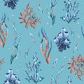 Underwater world clipart with sea animals, bubbles, coral and algae. Hand drawn watercolor illustration. Seamless Royalty Free Stock Photo