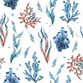 Underwater world clipart with sea animals, bubbles, coral and algae. Hand drawn watercolor illustration. Seamless Royalty Free Stock Photo