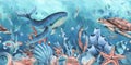 Underwater world clipart with sea animals whale, turtle, octopus, seahorse, starfish, shells, coral and algae. Hand Royalty Free Stock Photo