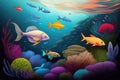 Underwater world with colorful corals and fish. Vector illustration. Royalty Free Stock Photo