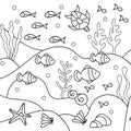 Underwater world coloring pages. Algae fish sea turtle shells. Hand-drawn Vector coloring book or background Royalty Free Stock Photo