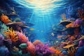 Underwater world with coral reef and fish. 3d illustration, An underwater world teeming with colorful marine life, AI Generated Royalty Free Stock Photo