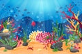 Underwater world with a coral reef, and the silhouette of fish on a blue sea background. Royalty Free Stock Photo