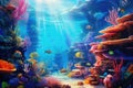 Underwater world with corals and tropical fish. Underwater world, beautiful underwater scenery with various types of fish and Royalty Free Stock Photo