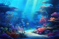 Underwater world with corals and tropical fish. 3d rendering, beautiful underwater scenery with various types of fish and coral Royalty Free Stock Photo