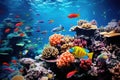 Underwater world with corals and tropical fish. Underwater world, Tropical coral reefs and marine life with colorful fishes, AI Royalty Free Stock Photo