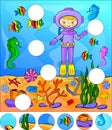 Underwater world with diver. Complete the puzzle and find the mi Royalty Free Stock Photo