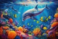 Underwater world with dolphins and tropical fish. 3D illustration, Dolphin with a group of colorful fish and sea animals with Royalty Free Stock Photo