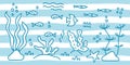 Underwater world. Drawings of fish, shrimp, marine plants and shells . Blue waves on a white background. Vector illustration