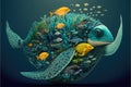 Underwater world ecosystem concept, turtle with fauna inhabiting the seas and oceans. Caring for nature. Generative AI
