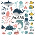 Underwater world elements set, sea ocean, cute animals jellyfish and fish, blue whale and shark, vector illustration