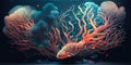 Underwater world, fish and corals in the depths of the ocean. Sea flowers, underwater deep flora and fauna. Ai