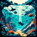 Underwater world with fish, corals and seaweed. Vector illustration AI generated