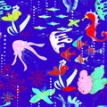 Underwater world with fish, jellyfish, sea horses, sea stars, corals, waterways